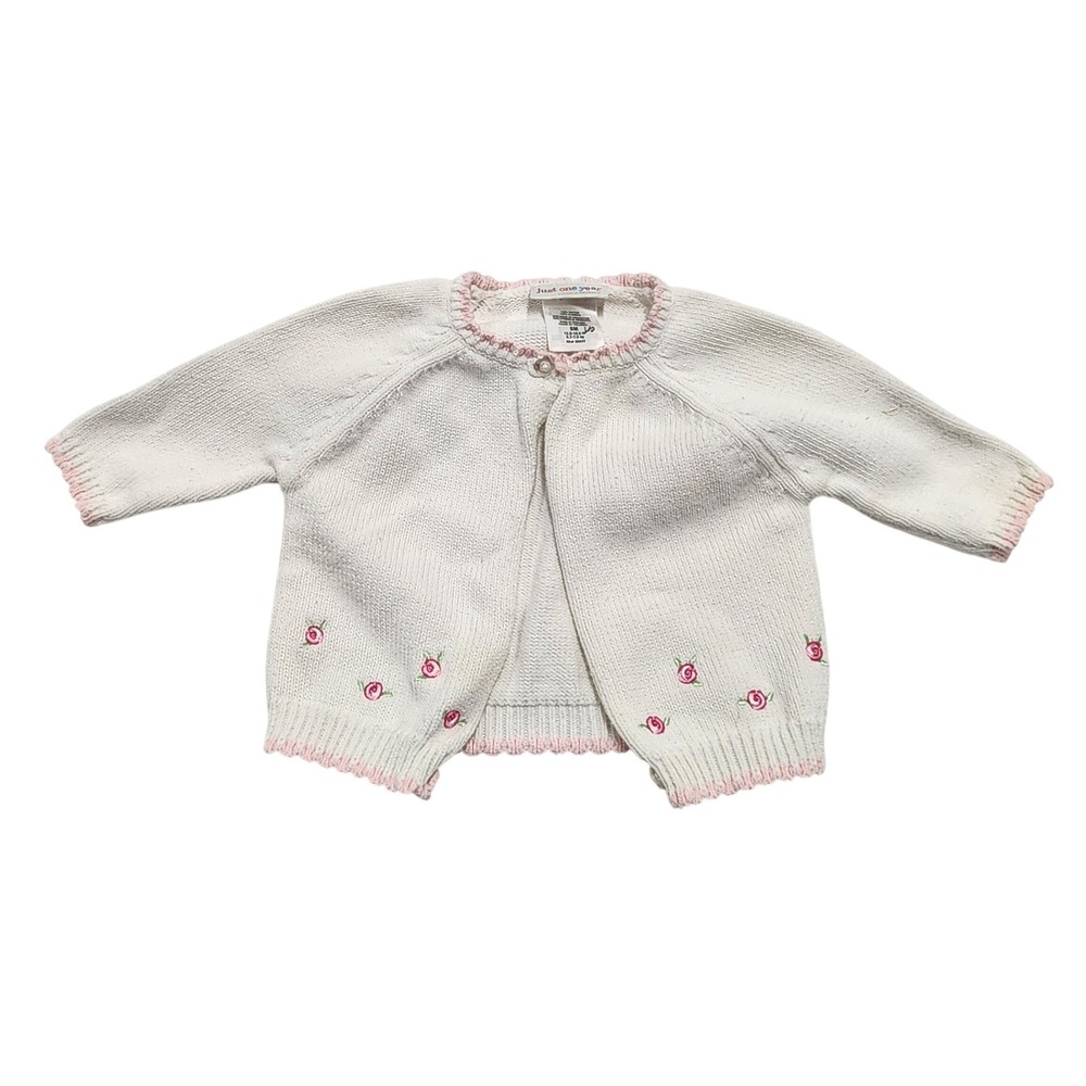 Just One Year Carter's Baby Girl White Pink Rose ardigan Sweater CottageCore 6m